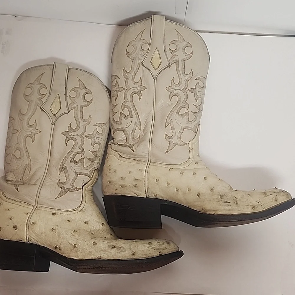 Diego Vintage Made In USA Beige Ostrich Leather Rare Find Western Cowboy Boots
